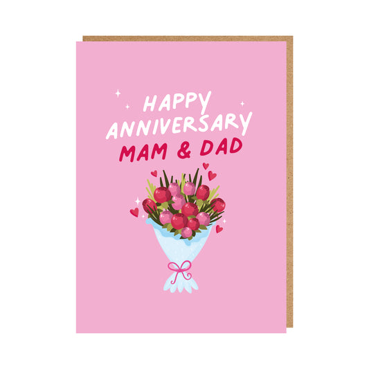 Pink Anniversary Card Reading "Happy Anniversary Mam & Dad"